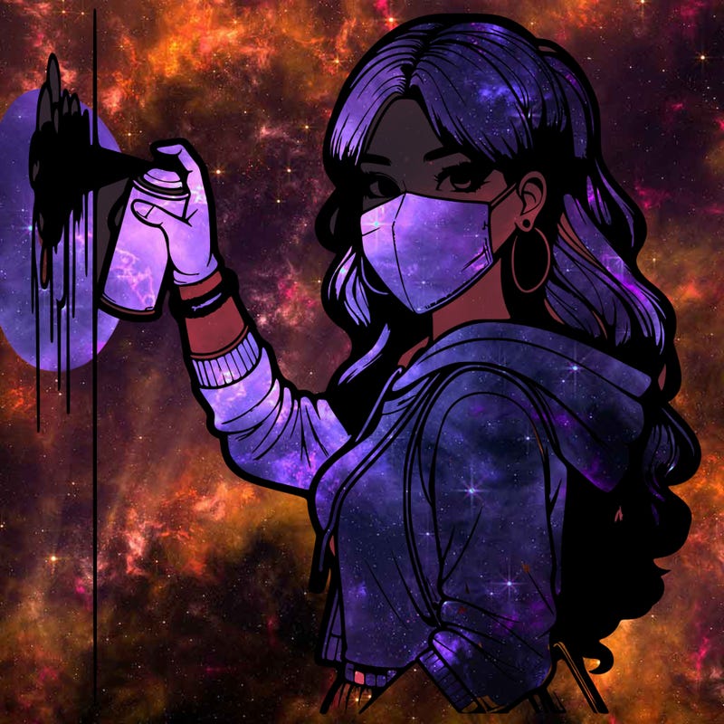 realistic girl with mask spray painting a wall