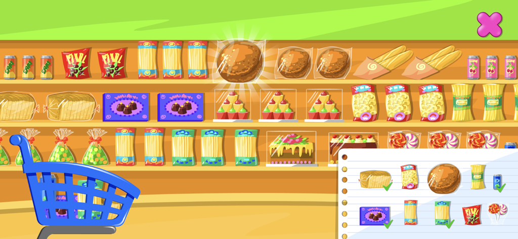 Supermarket Game - Shopping - 다양한 식품이 진열된 슈퍼마켓 선반과 제품을 찾기 위한 쇼핑 리스트가 표시된 어린이용 게임 화면
