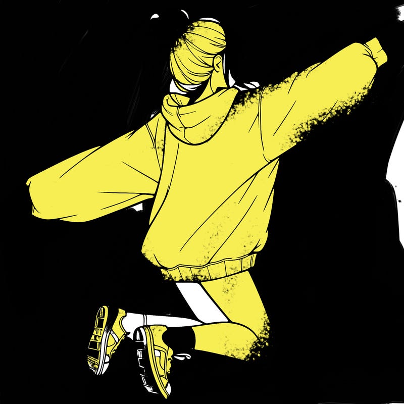 realistic girl jumping with a bun and oversized sweatshirt
