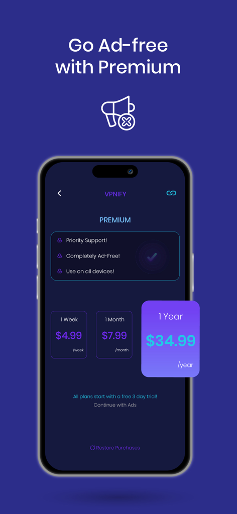 VPNIFY app screen showing premium subscription pricing and benefits like ad-free browsing