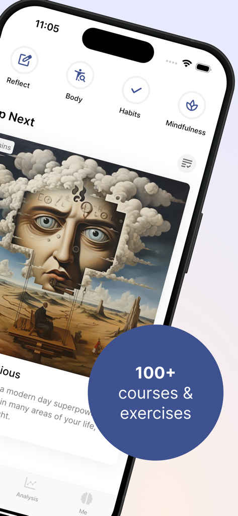 Me: Self Care App - Benutzeroberfläche der Me Self Care App mit einer surrealen psychologischen Illustration und einem Abzeichen, das über 100 Kurse und Übungen hervorhebt