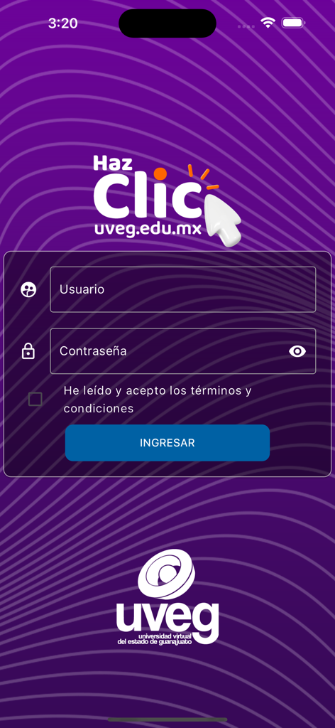 Login screen of the Campus Virtual UVEG app in Spanish showing username and password fields