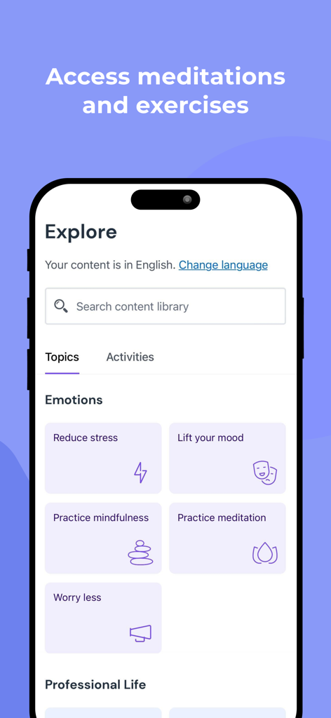 Modern Health - Modern Health app interface for exploring meditation and stress reduction exercises.