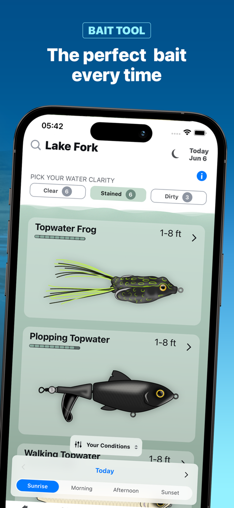 Deep Dive app bait tool screen showing topwater frog and plopping topwater lure recommendations for bass fishing.