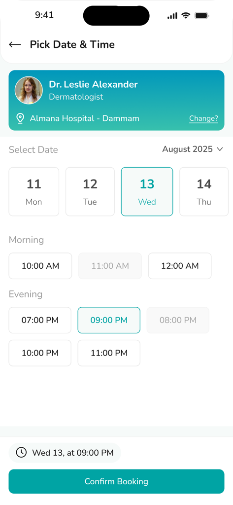 Almana | المانع - Almanaモバイルアプリの画面。皮膚科医の医療予約スケジュール設定画面で、日付と時刻の選択を表示しています。