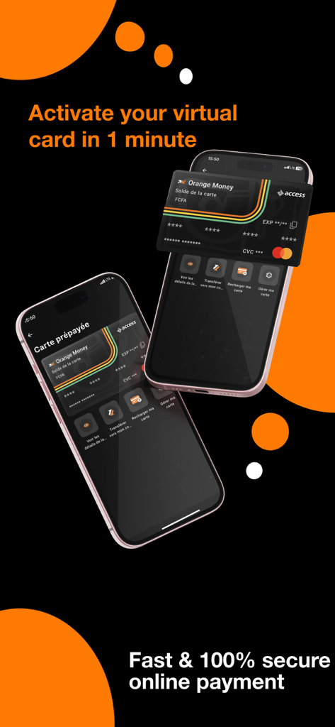 Orange Max it - Cameroon - Smartphone screen showing how to activate a virtual card for secure online payments in the Orange Max it Cameroon app
