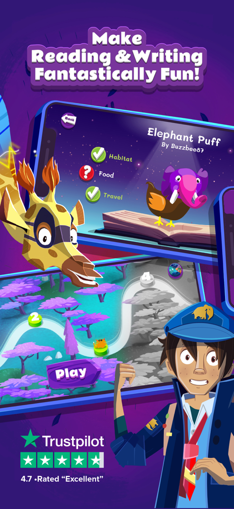 Night Zookeeper - Fun Learning - Educational app screen for Night Zookeeper showing fantasy characters and reading and writing games