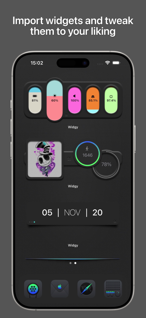 A dark-themed iOS home screen showcasing custom Widgy widgets for battery levels, system stats, step counts, and the current date.
