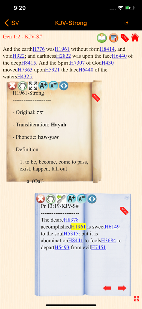 Handy Bible Pro - Handy Bible Pro interface showing Strongs numbers and Hebrew definition in a floating window