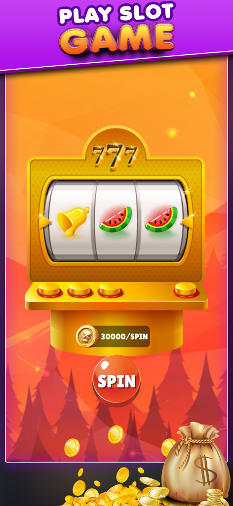Lucky Scratch: Spin The Wheel - Gameplay screen of a virtual golden slot machine with spin button and gold coins