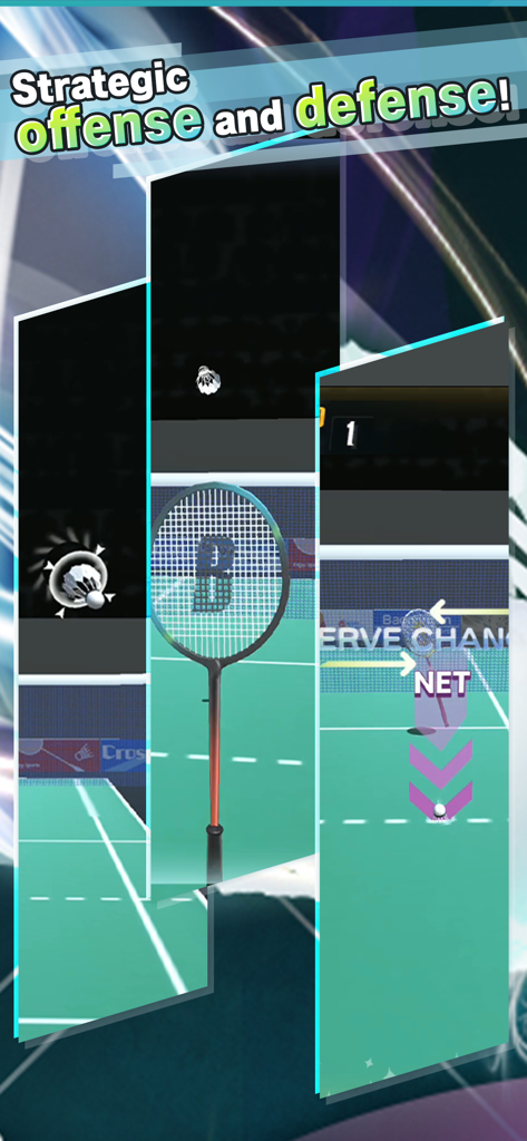 Badminton 3Ｄ - A montage of Badminton 3D gameplay featuring rackets and shuttlecocks on a court with the text Strategic offense and defense