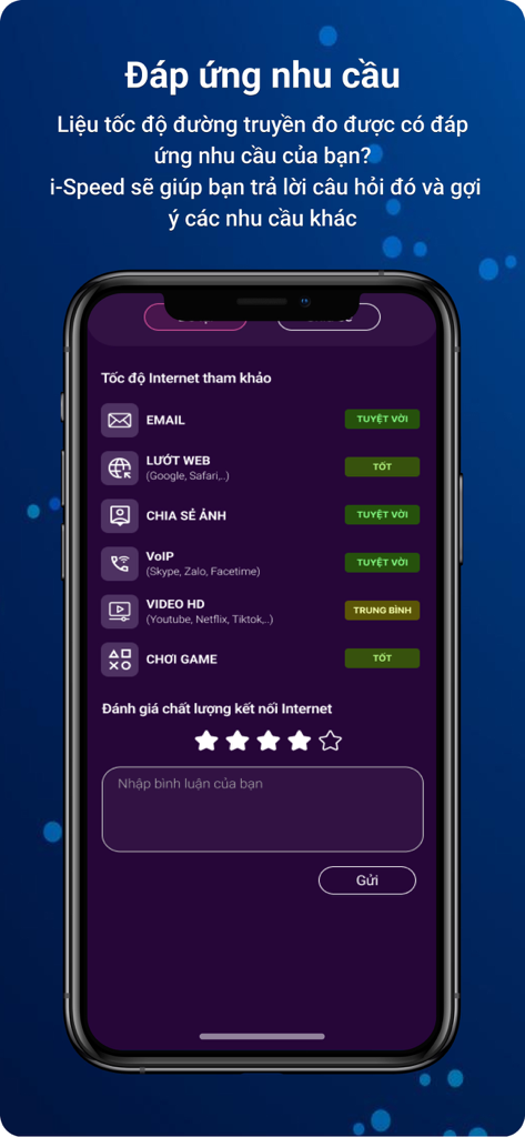 i-SPEED app interface displaying internet speed suitability for various online activities like gaming and web browsing