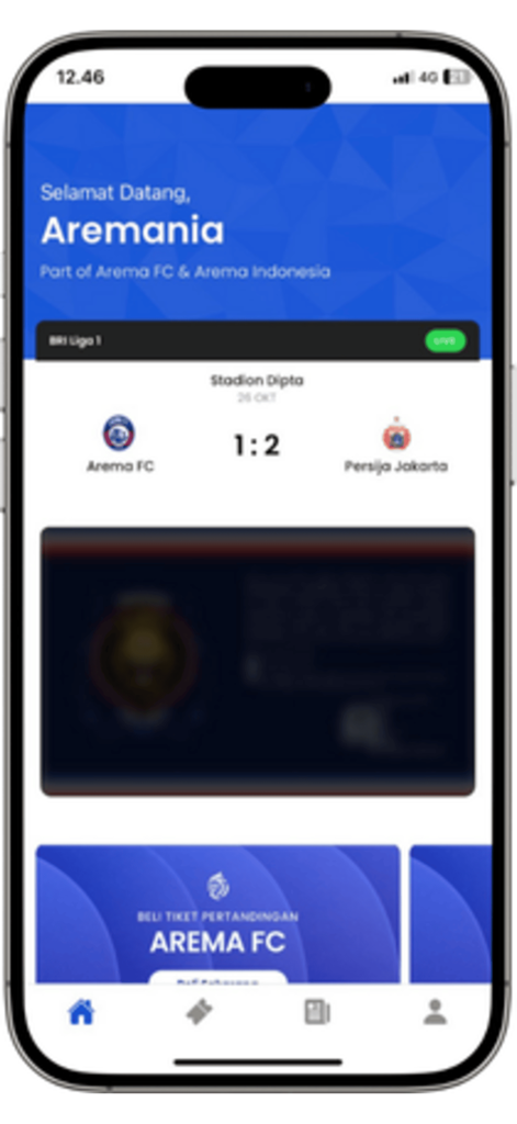 Aremania Utas - The home screen of the Aremania Utas app displaying a live match score between Arema FC and Persija Jakarta and a section for buying match tickets.