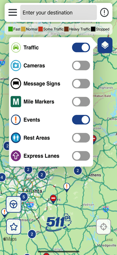 511 Georgia app map view showing a layer selection menu for traffic cameras and road events