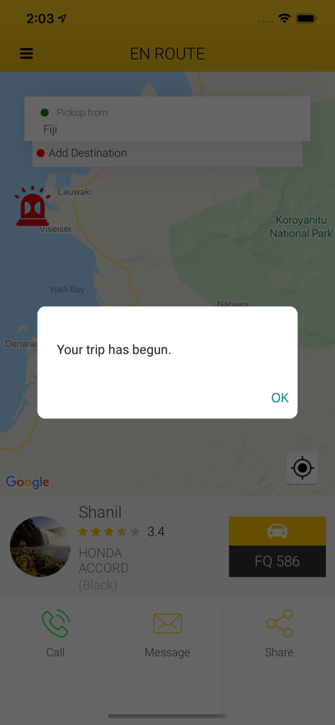 Fiji Cabs mobile app interface showing a trip start notification on a map with driver details