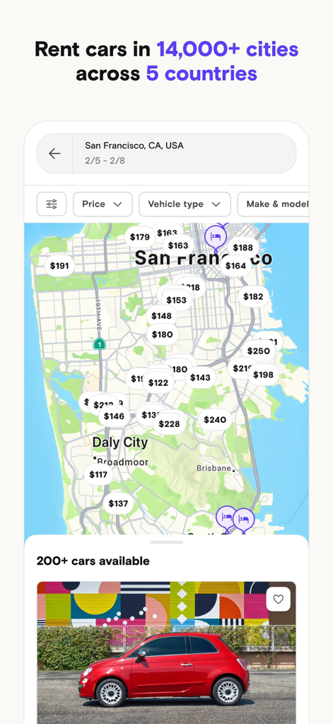 A screenshot of the Turo app showing a car rental map of San Francisco with available vehicle prices.
