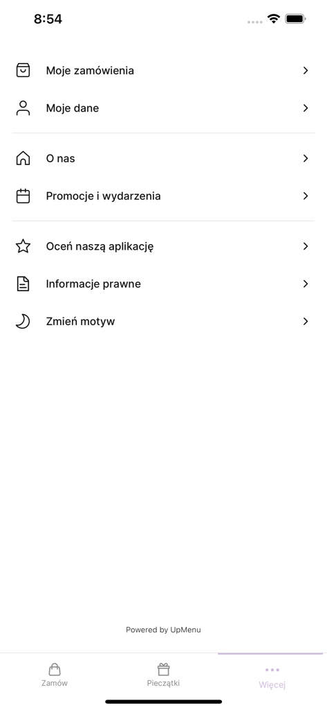 SushiDeli - Screenshot of the SushiDeli app settings menu featuring order history, user profile, promotions, and theme selection