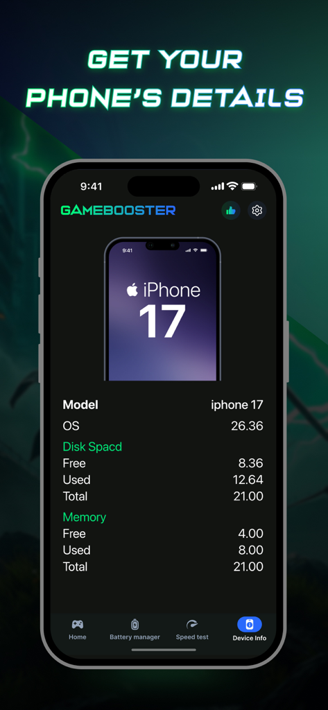 Game Booster: GFX Tool No Lag - Game Booster app dashboard showing iPhone device specifications including OS version storage and memory details