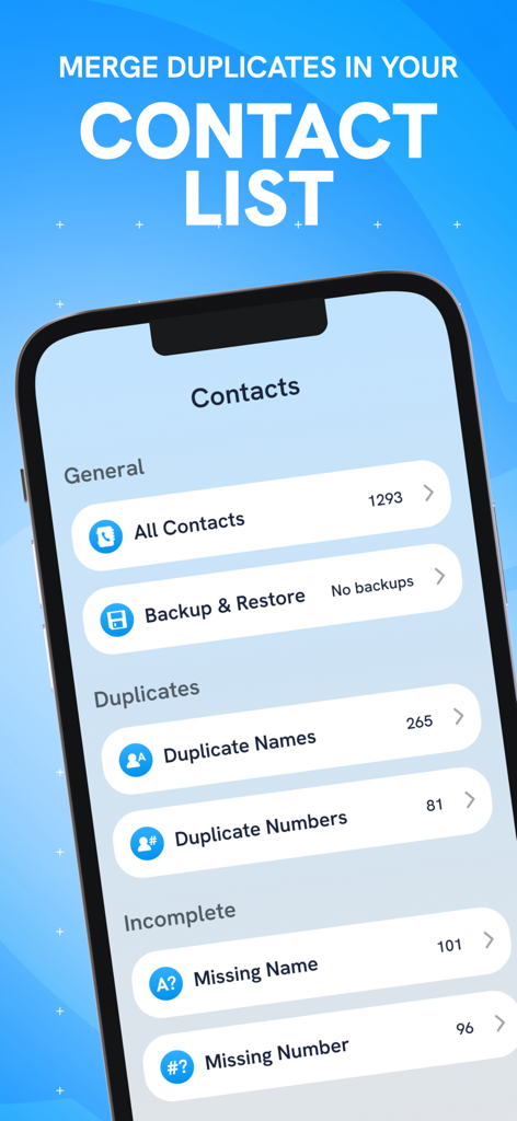 Easy Clean: Photo Cleaner - Interface of the Easy Clean app showing contact list cleanup options for duplicate names and numbers