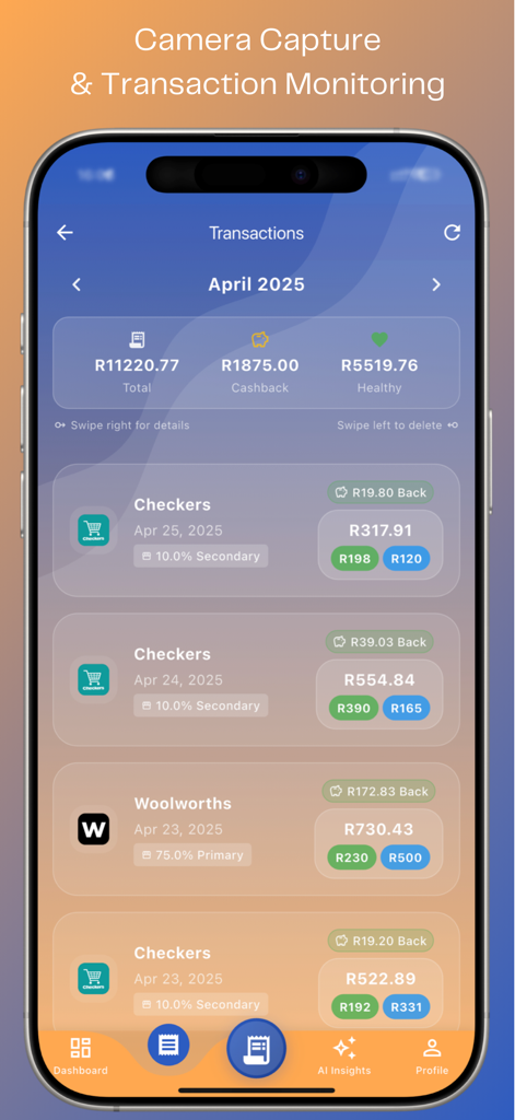 Snap N Track - Historial de transacciones de la aplicación móvil que muestra gastos de comestibles clasificados por artículos saludables versus otros
