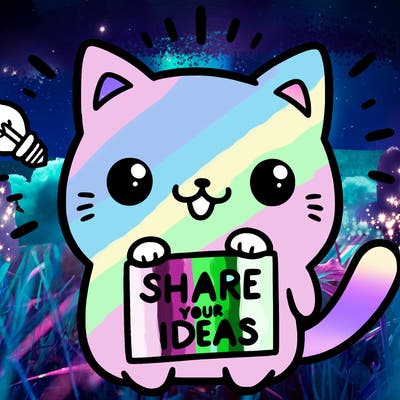 a cute cat saying share your ideas