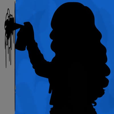 realistic girl with mask spray painting a wall