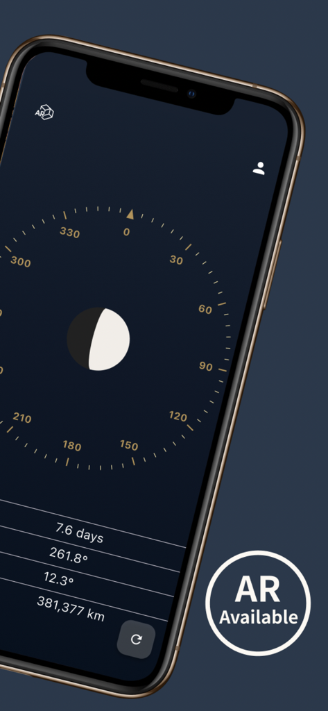 MoonCompass : Find the Moon - Schermata dell'app MoonCompass che mostra un'interfaccia di bussola con età lunare in tempo reale, dati di azimut, altitudine e distanza