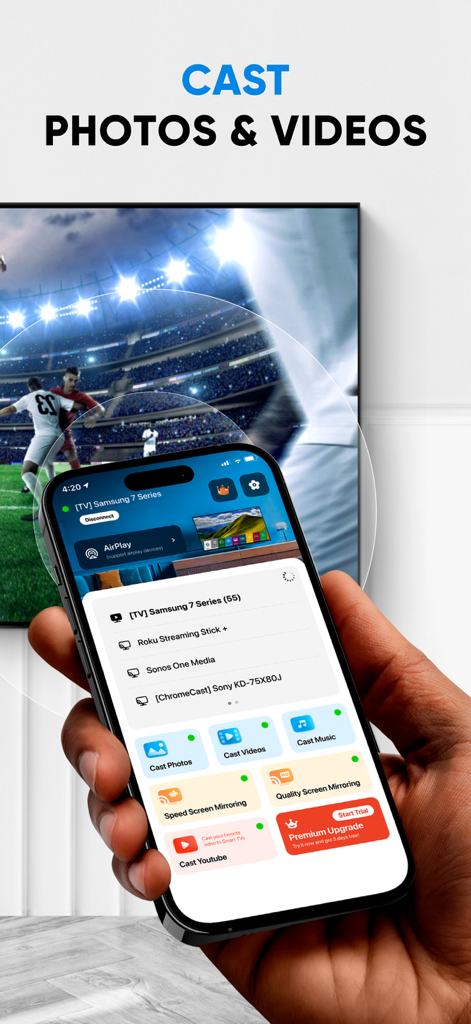 TV Cast & Screen Mirroring App - Une personne utilisant un iPhone pour diffuser des photos et des vidéos sur un grand écran de téléviseur intelligent.