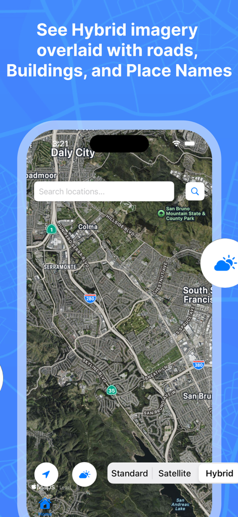 Pantalla del teléfono inteligente Horizon Maps 3D que muestra imágenes satelitales híbridas con nombres de carreteras y ubicaciones