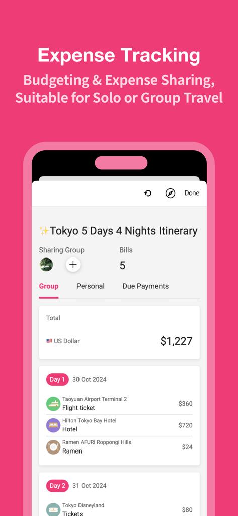 Funliday - Travel Planner - Funliday app expense tracking and budgeting interface for group travel