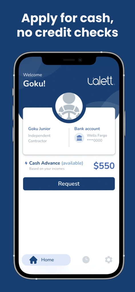Ualett app home screen displaying a cash advance offer of five hundred and fifty dollars for a gig worker without credit checks