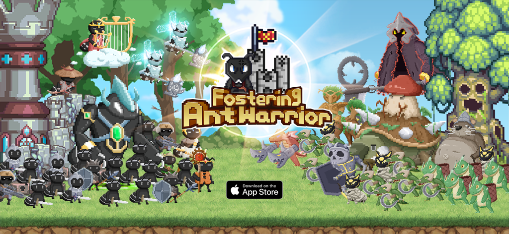 Ant Hero : Defense Idle RPG - Pixel art battle between an ant army and monsters in a forest