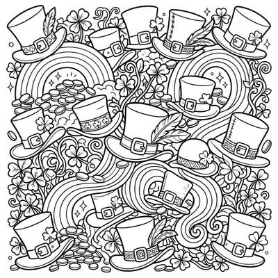 Celebrate St. Patrick's Day with this enchanting coloring page featuring a full scene of leprechaun hats. Discover a vibrant tapestry of clovers, gold coins, and rainbows awaiting your creative touch.