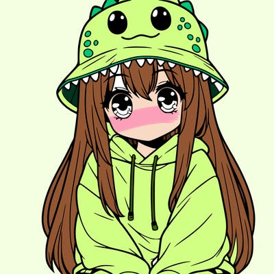 girl with anime shaped eyes with a dinosaur bucket hat oversized sweatshirt long straight hair