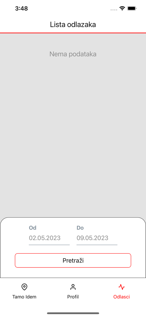Spotted RS app visit history search screen with date filters