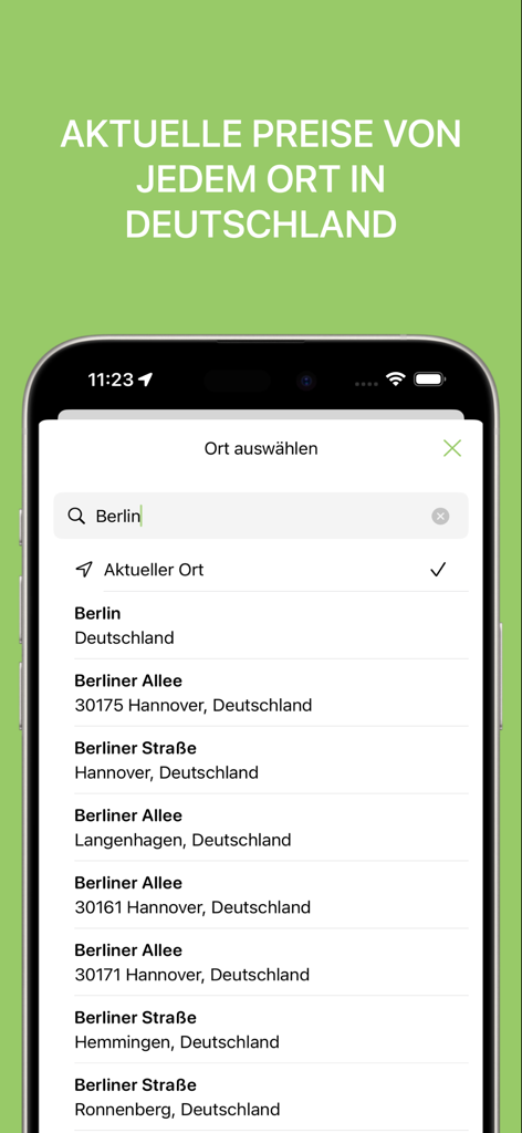 Pantalla de búsqueda de ubicación en la app de precios de gasolina Benzinpreis en un iPhone