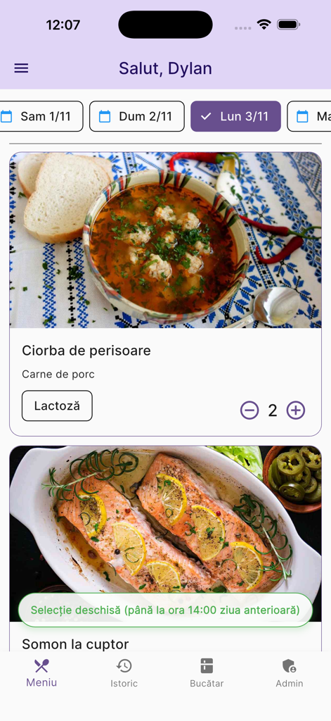 Popota - Menu screen of the Popota app showing food items like meatball soup and baked salmon for canteen ordering