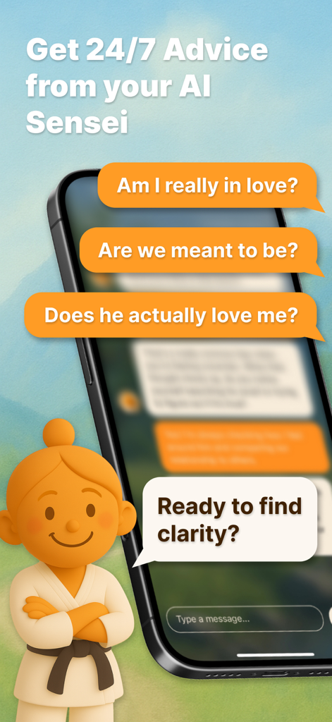 PeachyTalks: Relationship OCD - PeachyTalks mobile app screen showing AI Sensei character and relationship advice chat bubbles