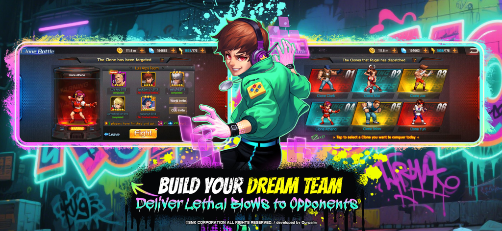 Promotional screenshot of KOF 98 UM OL showing character selection and clone battle gameplay with Build Your Dream Team text