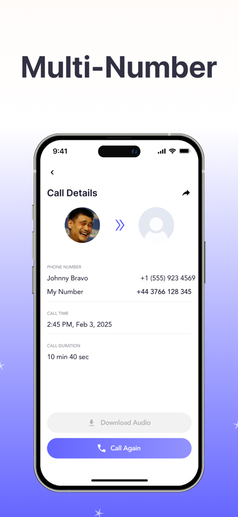 AnyCall: Call From Any Number - AnyCall app interface showing call details for a second phone number with options to download audio and call again