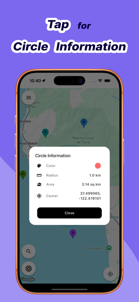Radius Around Me - Interface showing circle information including radius area and center coordinates on a map