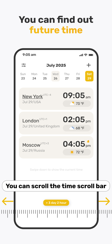 World Clock Widget & Weather - Interfaz de la aplicación World Clock que muestra un convertidor de hora futura para Nueva York, Londres y Moscú con detalles del clima