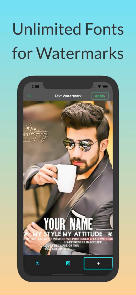A mobile app interface displaying different font styles for adding text watermarks to photos.