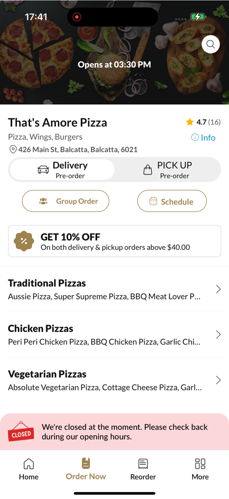 Tela do aplicativo Thats Amore Pizza com categorias de pizza e opções de retirada de entrega
