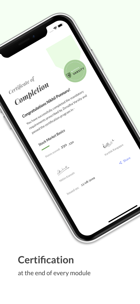 Varsity by Zerodha app screen displaying a certificate of completion for a Stock Market Basics course.