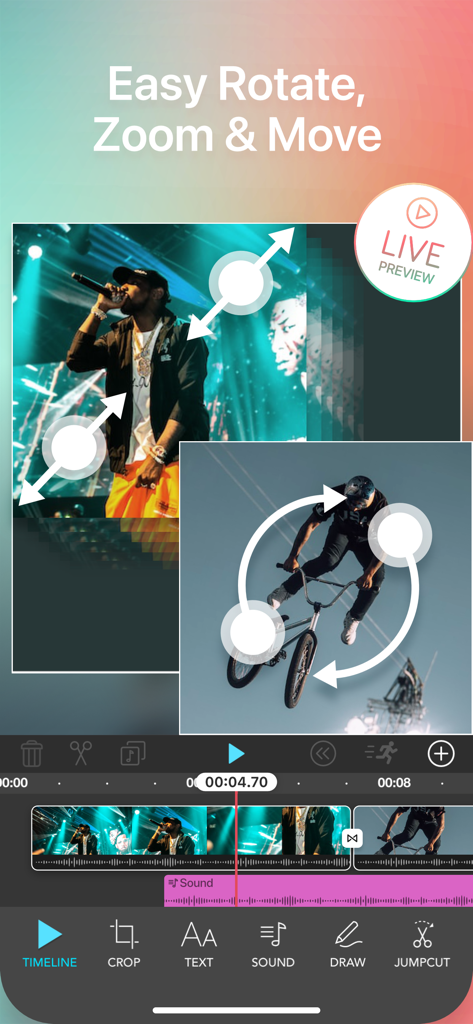 Crop Video Square Editor - Interface de Crop Video Square Editor montrant des outils faciles de rotation, zoom et déplacement avec aperçu en direct