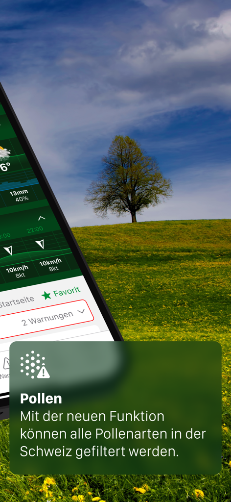 LANDI Wetter - LANDI Wetterアプリの画面。風景の背景とともに花粉フィルター機能が表示されています。
