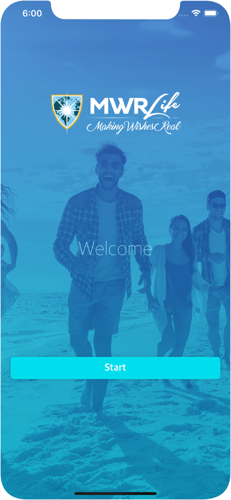 MWR Life app welcome screen with a start button and a group of friends on a beach.