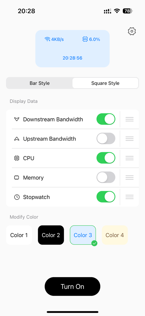 Landing On - Landing On app settings interface for customizing device performance widgets like CPU and network speed