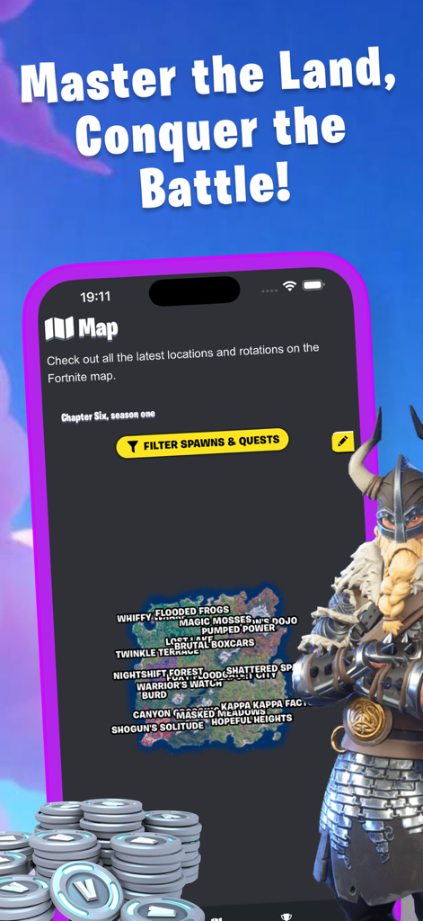 Capture d'écran de l'application compagnon Fortnite montrant une carte interactive avec des noms d'emplacements et un bouton de filtre de quêtes
